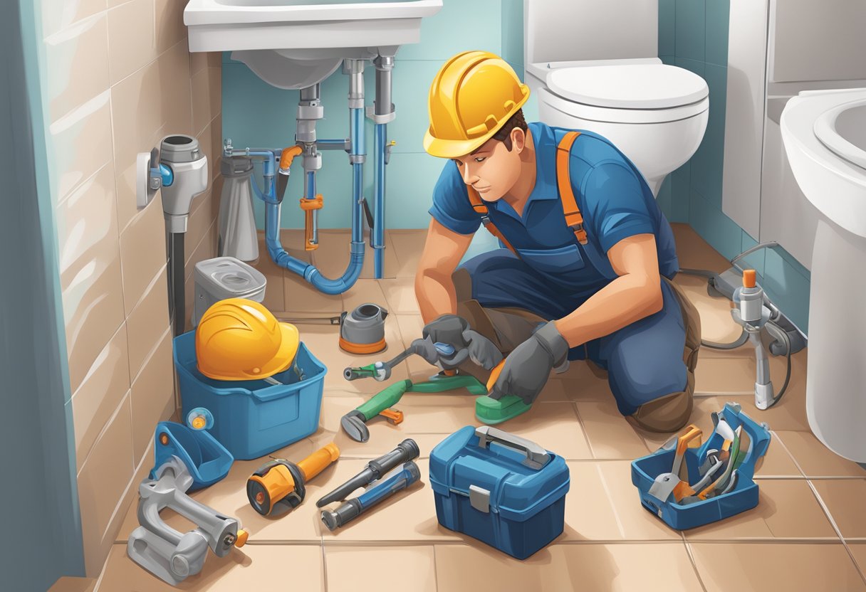 A plumber inspecting pipes for leaks and blockages in a residential bathroom in Cairns. Tools and equipment scattered around