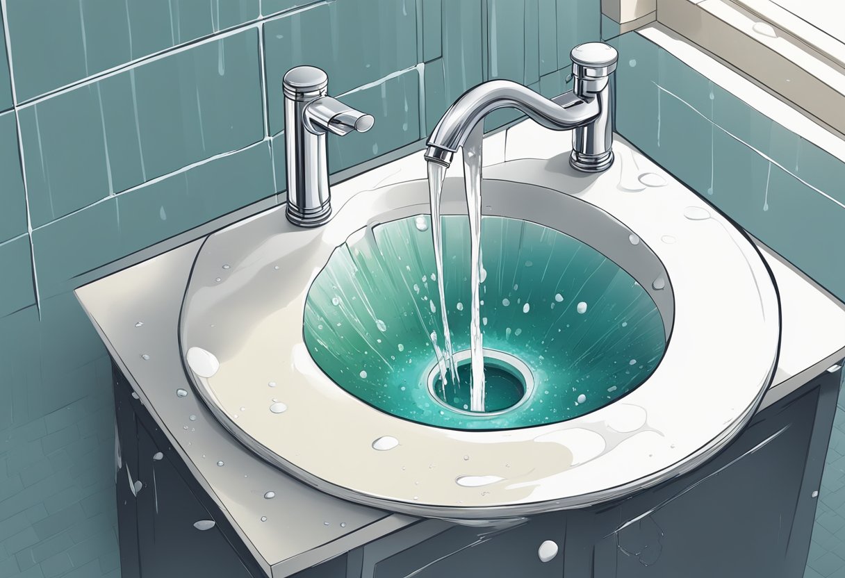 A leaky faucet drips steadily into a sink, while a clogged drain causes water to pool in a shower. A burst pipe sprays water across the floor, creating a mess