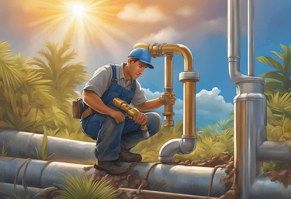 A sunny, tropical climate in Cairns causes frequent plumbing issues like corrosion, blockages, and leaks. Illustrate a plumber fixing a rusty pipe under a hot, humid sky